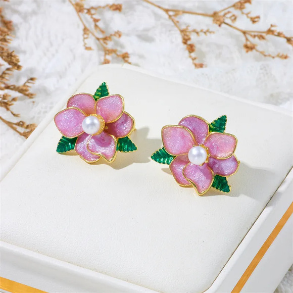 Pink Tropical Flower Enamel Earrings - Picture 1 of 3